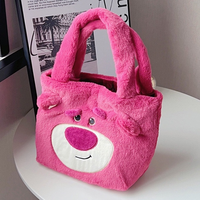 Túi xách gấu dâu đáng yêu cho nữ, Túi lông gấu Lotso hồng mặt ngầu kích thước lớn _ TingTing