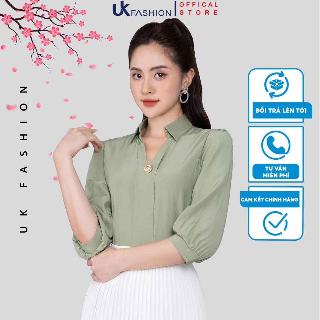 Áo Sơ Mi Tay Lỡ UK FASHION Thiết Kế Cổ V Phối Vạt Dọc Lịch Sự Nhã Nhặn Chất Vải Nhập Hàn Mềm Mịn Cao Cấp NKSM2206011