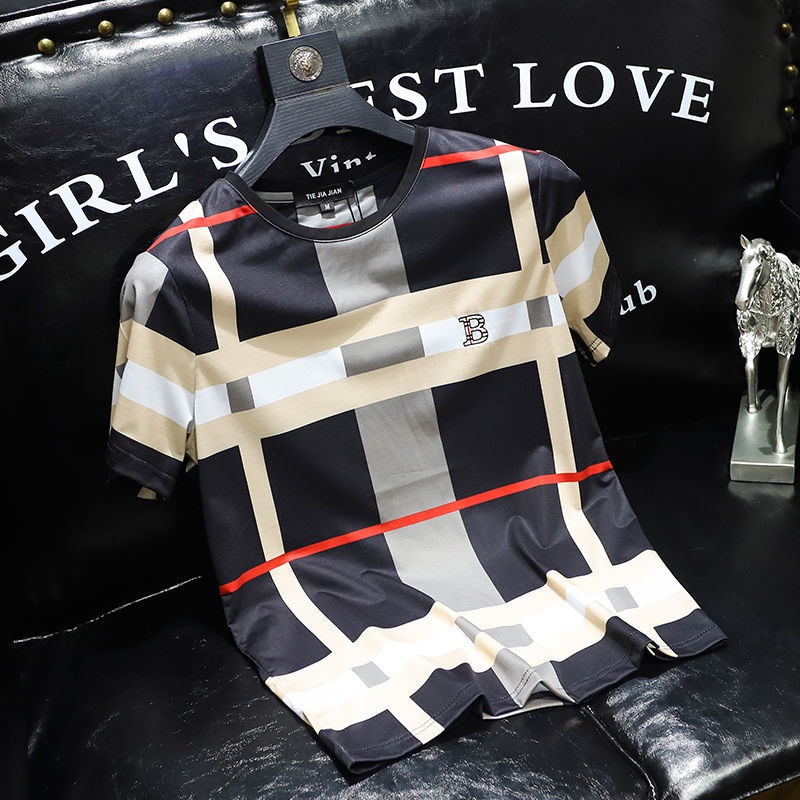 Áo Thun Tay Ngắn Bằng Lụa Lạnh In Chữ B Sọc Caro Trẻ Trung Thời Trang Mùa Hè Kiểu Châu Âu Cho Nam