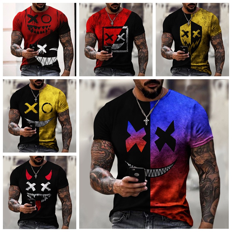 Áo Thun Tay Ngắn Dáng Rộng In Hình Mặt Cười 3D Phối Màu Độc Đáo Thời Trang Cho Nam XXS-6XL