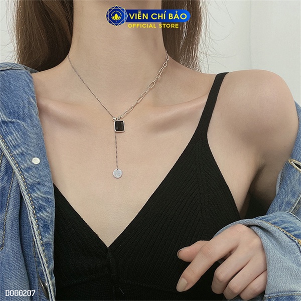 Dây chuyền đá vuông đen charm tròn chất liệu bạc Thái 925 thời trang phụ kiện trang sức nữ Viễn Chí Bảo D000207