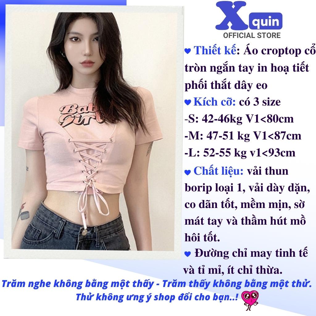 Áo croptop tay ngắn cổ tròn phối dây eo cực xinh Xquin, Áo kiểu nữ cổ tròn ôm body in họa tiết siêu xinh