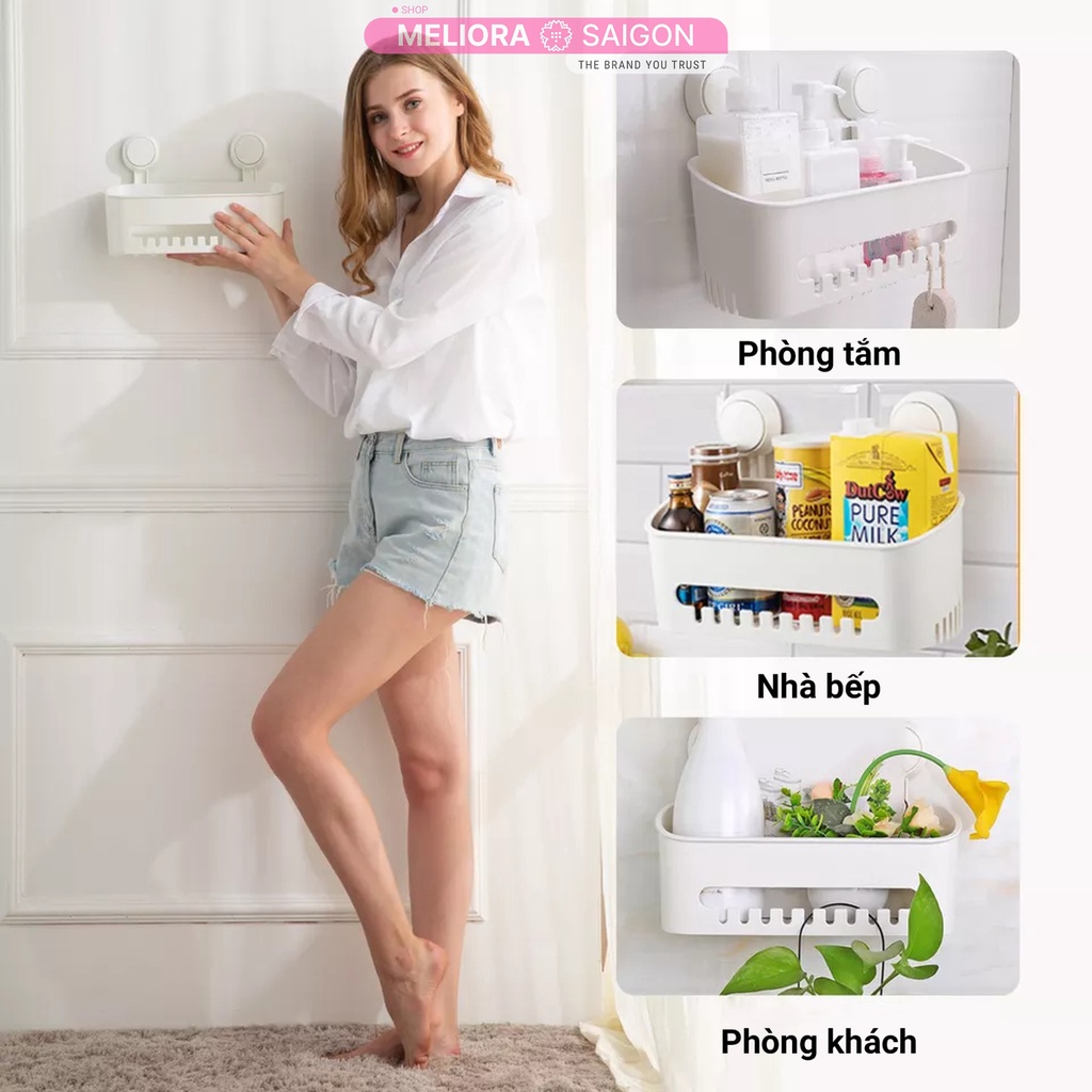 Kệ phòng tắm cao cấp MELIORA không khoan tường tải treo 10kg chống nước tái sử dụng hút chân không treo tường SG558