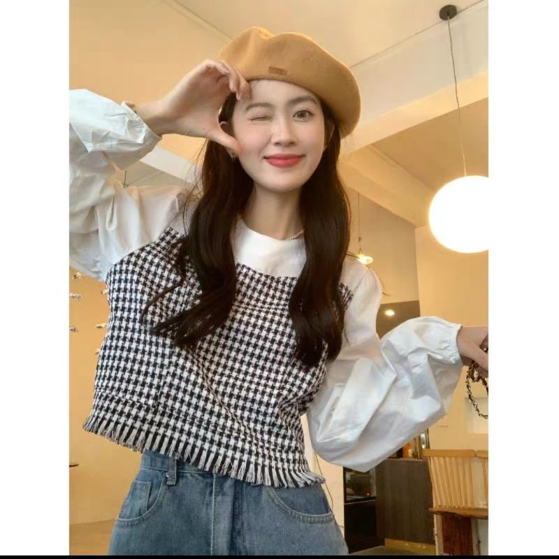 áo sơ mi kiểu nữ phối kẻ tay bồng hàn quốc