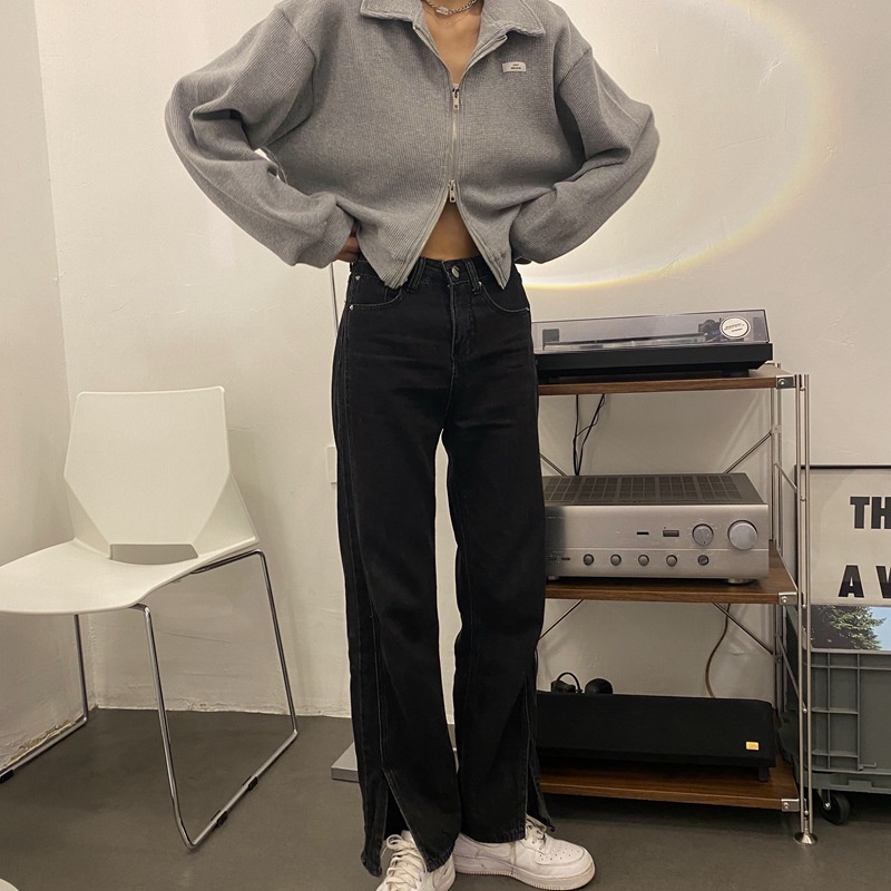 IELGY IELGY Áo Khoác Tay Dài Có Khóa Kéo Đôi Phong Cách Hàn Quốc Thời Trang Cho Nữ