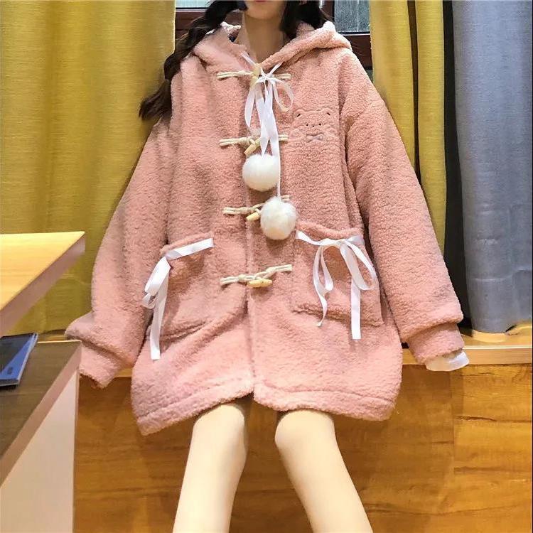 Áo Khoác Tay Dài Dáng Rộng Lót Lông Cừu Dày Dặn Phong Cách lolita Thời Trang Thu Đông Cho Nữ