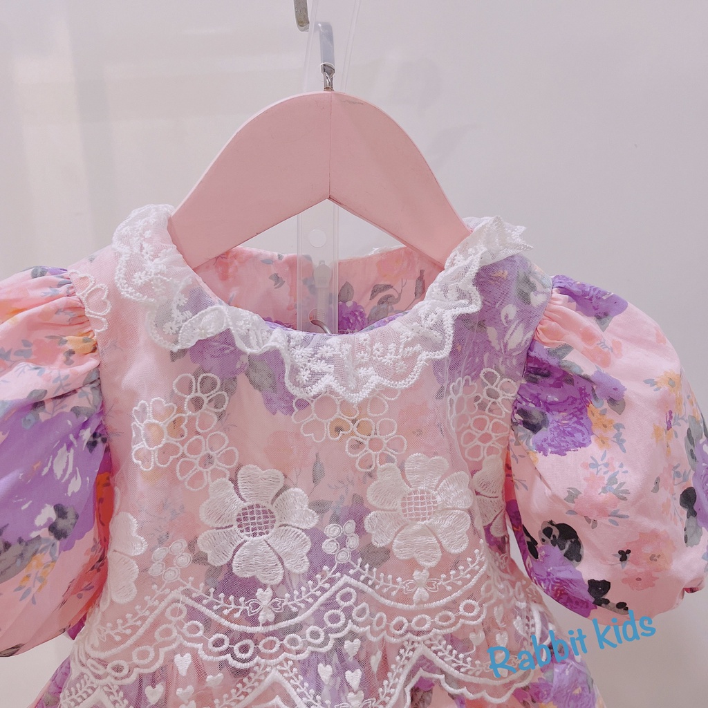 Đầm Bé Gái Size Đại 8-40kg💝FREESHIP💝 Rabbit Kids- Váy Công Chúa Hoa Tím Ren Bản To Cho Bé 5,6,7,8,9,10 tuổi