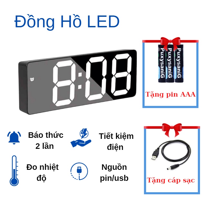 Đồng hồ LED để bàn có 2 báo thức hiển thị nhiệt độ, có mặt gương kỹ thuật số và cảm biến âm thanh