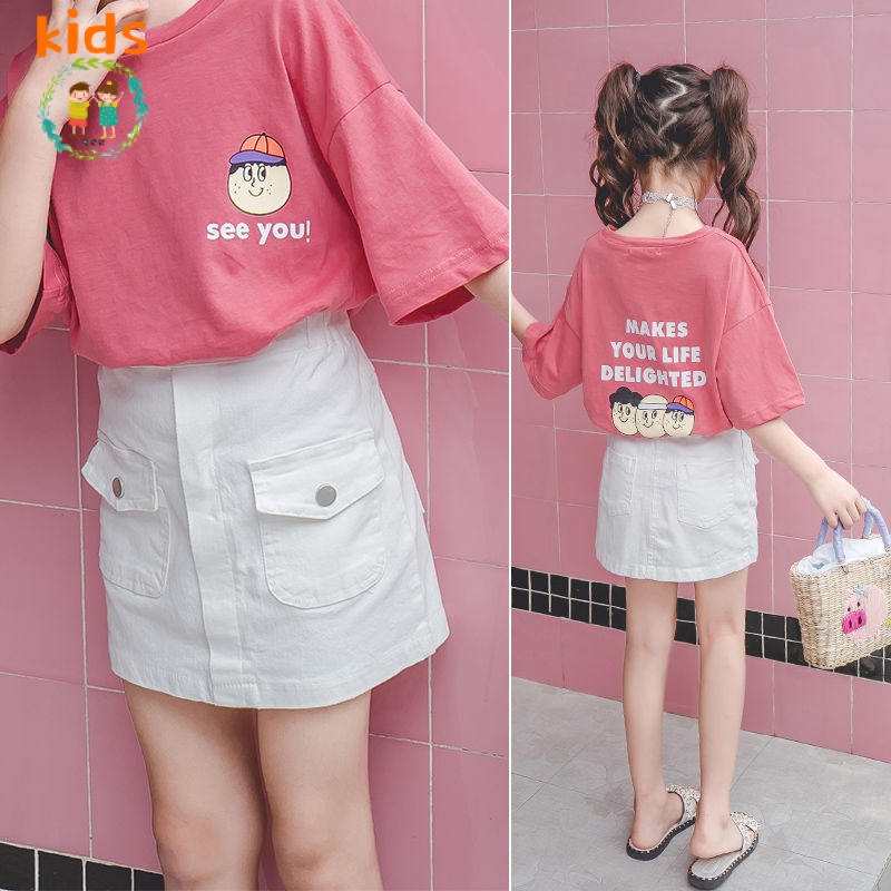 Bộ Áo Thun Cotton Ngắn Tay + Chân Váy Thời Trang Hè Mới Cho Bé Gái 3-5 - 8-10 - 12-13 Tuổi
