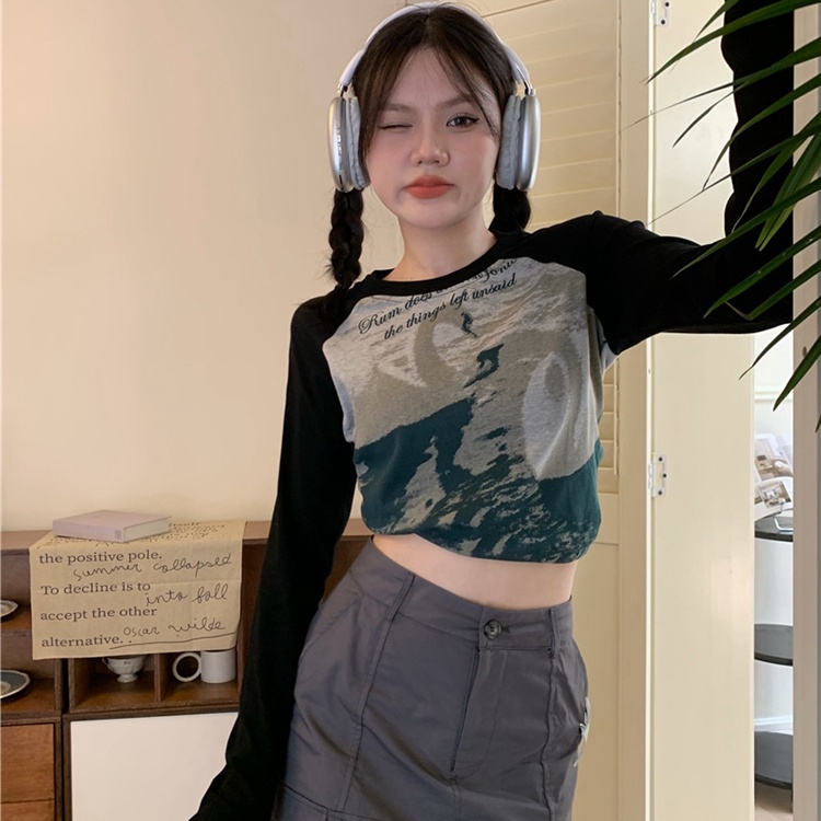 Áo thun croptop SUXI tay dài cổ tròn thời trang mùa thu quyến rũ cho nữ