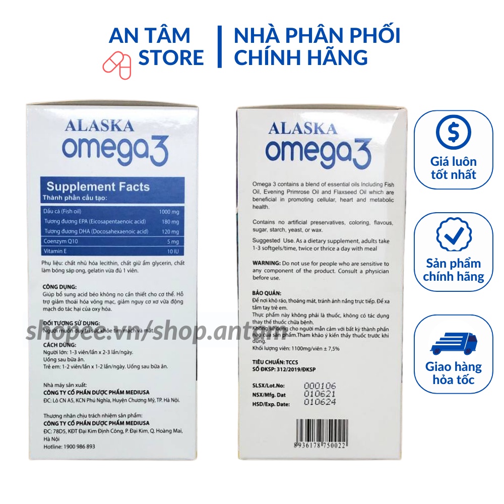 Viên uống Alaska Omega 3  Giúp bổ sung acid béo không no cần thiết cho cơ thể.