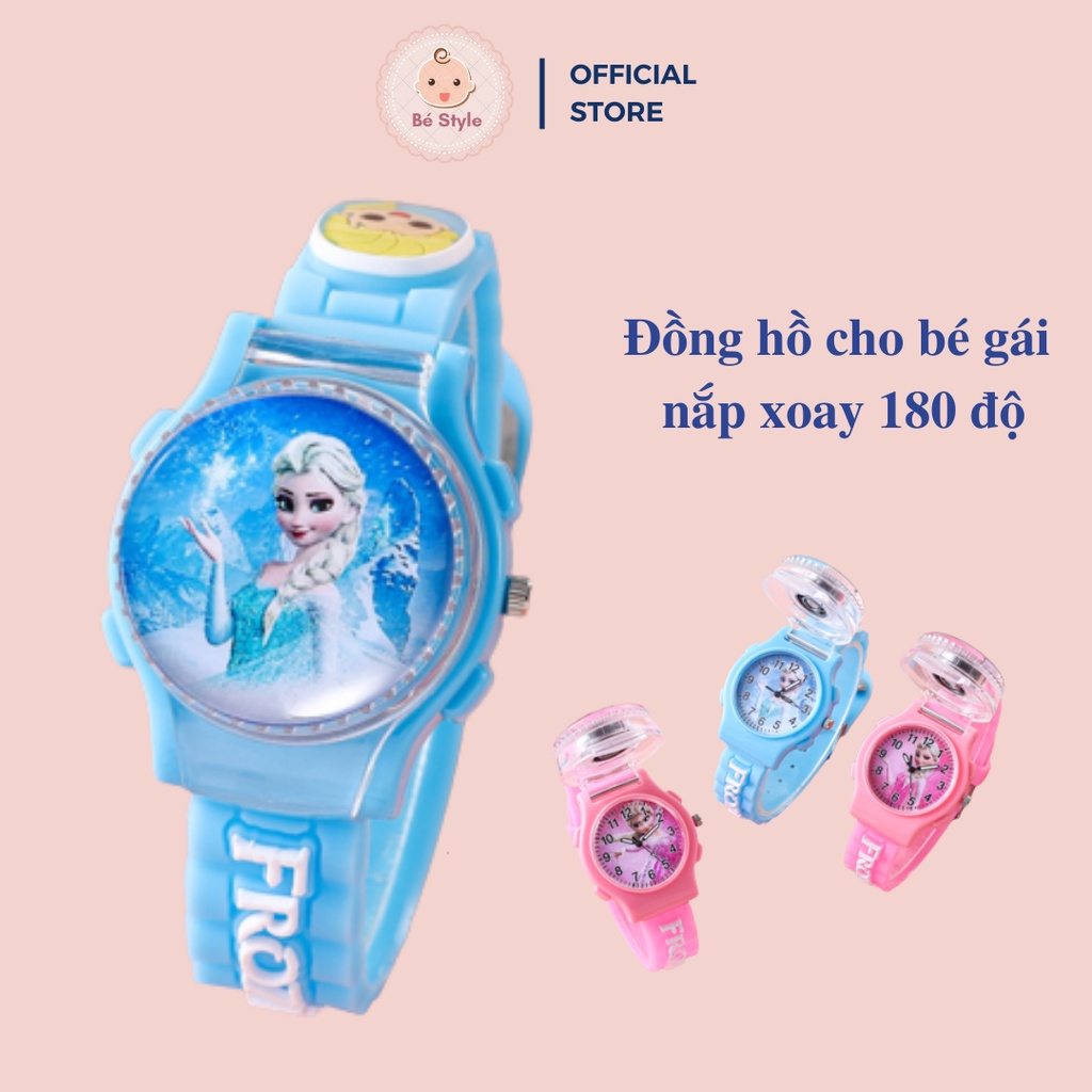 Đồng hồ trẻ em nữ nắp xoay 180 độ hình công chúa elsa cho bé gái từ 4 đến 15 tuổi