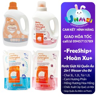 Nước Giặt Wesser 2in1 - 3000ml hương Phấn, hương Hoa Hồng, Nước Giặt Xả cho Bé 3000ml/1200ml/2100ml