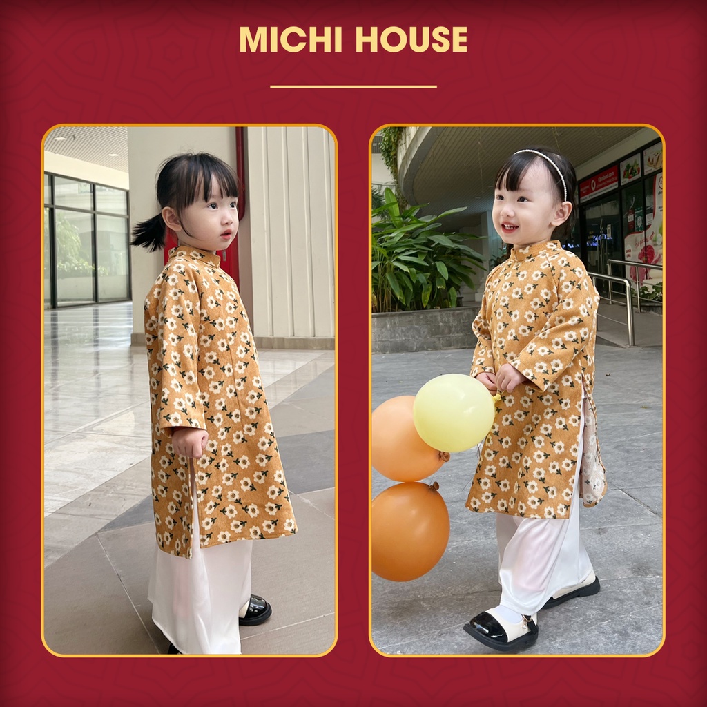 Set Áo Dài Bé Gái Dáng Suông Michi House Váy Xuông Truyền Thống Mặc Lễ Tết Cho Bé Mặc An Toàn Cho Da ADB2