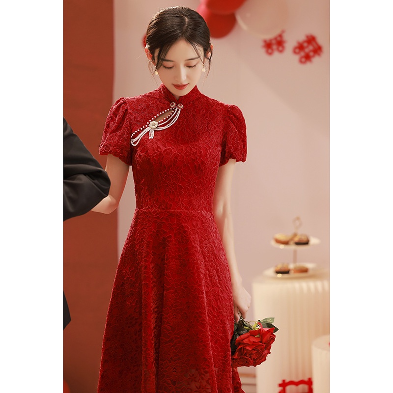 Đầm Sườn Xám Cách Tân Màu Đỏ Rượu Vang Sang Trọng Cao Cấp 7s v Có Thể Mặc Vào Mùa Thu Đông