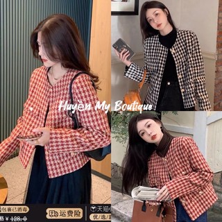 Áo khoác dạ Tweed hoạ tiết dạ kẻ caro màu đỏ siêu sang phong cách Hàn Quốc
