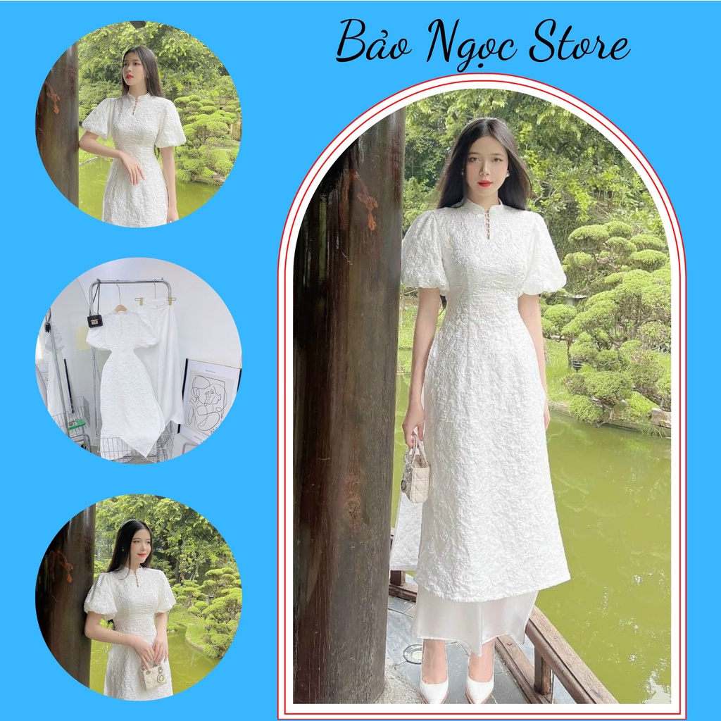Set Áo Dài Gấm Trắng, Áo Dài Cách Tân Tay Bồng Kèm Quần Suông Trắng Form Chuẩn Nhiều Size Siêu Xinh.✅ CAM KẾT KHI MUA HÀ