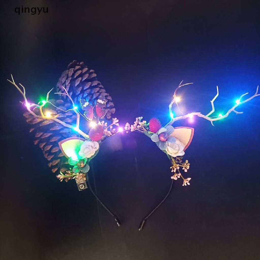 Qingyu Băng Đô Cài Tóc Hình Sừng Hươu Phát Sáng Làm Quà Giáng Sinh