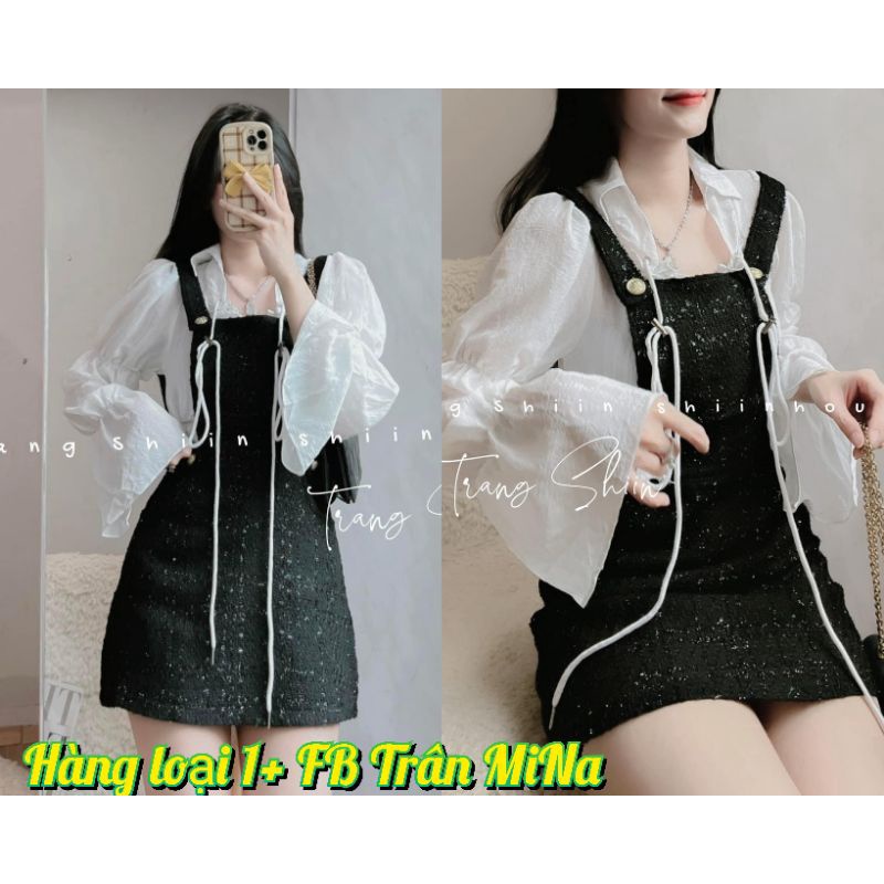 Set yếm dạ đen kèm sơ mi trắng tay loe nơ lưng