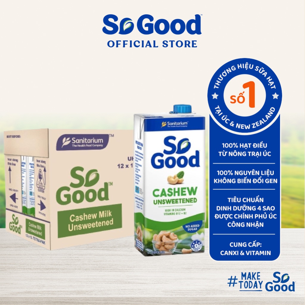 Thùng 12 hộp sữa hạt điều không đường SO GOOD 1L bổ sung canxi và vitamin không gây tăng cân, phù hợp người ăn kiêng