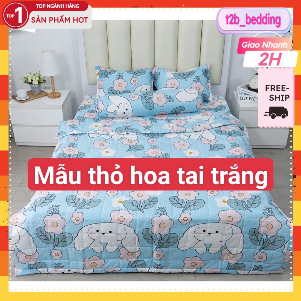 Drap Ga trải giường bo chun 1mx2m bo chun đệm dày tối đa 10cm,t2b_bedding mẫu thỏ hoa tai trắng