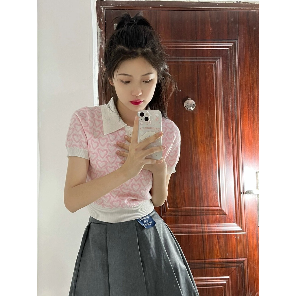 Enjoy Freedom Áo Croptop Dệt Kim Tay Ngắn Cổ Polo Dáng Ôm Thời Trang Mùa Hè Quyến Rũ Cho Nữ