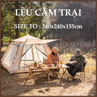 Lều panorama 2 cửa chính, 2 cửa nhỏ, lều du lịch tự bung dành cho nhóm 4-6 người màu sắc kaki