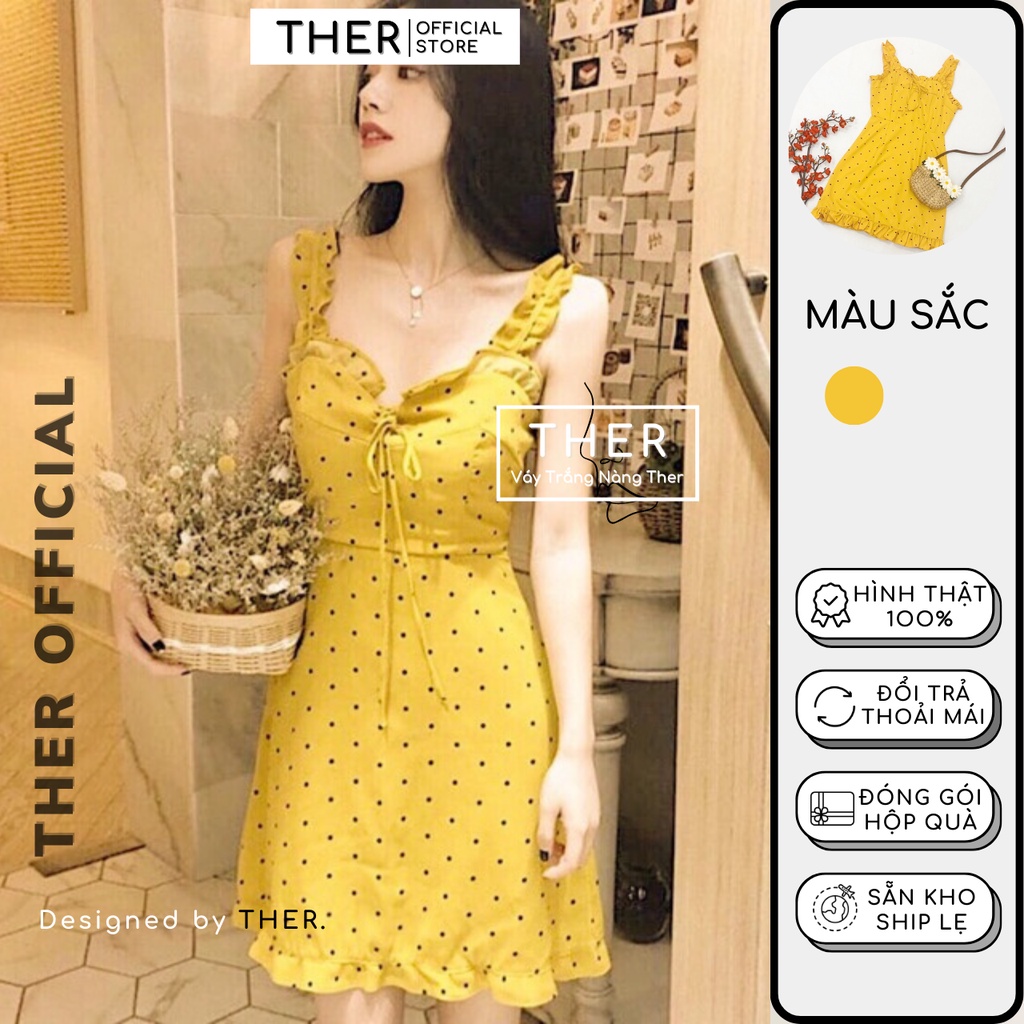 Đầm 2 Dây Bèo Cột Dây Đuôi Cá Chấm Bi Gợi Cảm, Đầm Đi Du Lịch Trẻ Trung Form Ngắn Màu Vàng (Kèm Ảnh Thật)