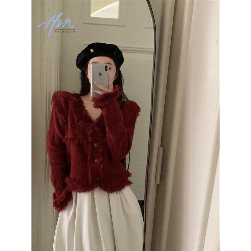 Áo Khoác Cardigan Dệt Kim Dáng Rộng Màu Đỏ Phối Tua Rua Thời Trang Thu Đông Năm Mới Cho Nữ