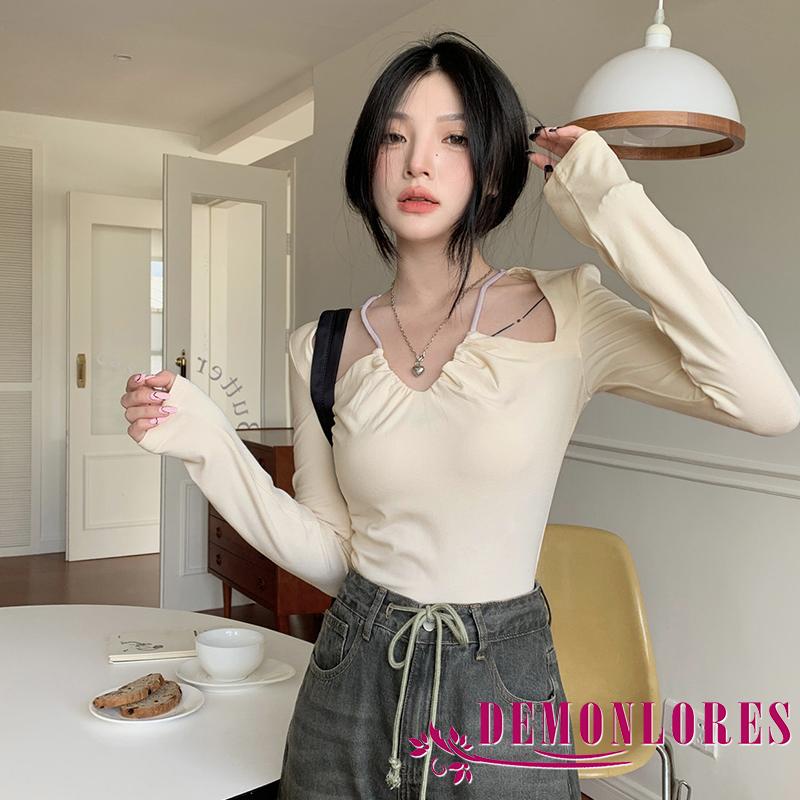 Áo Thun Crop Top Tay Dài Cổ Chữ V Màu Trơn Thời Trang Xuân Thu Dành Cho Nữ