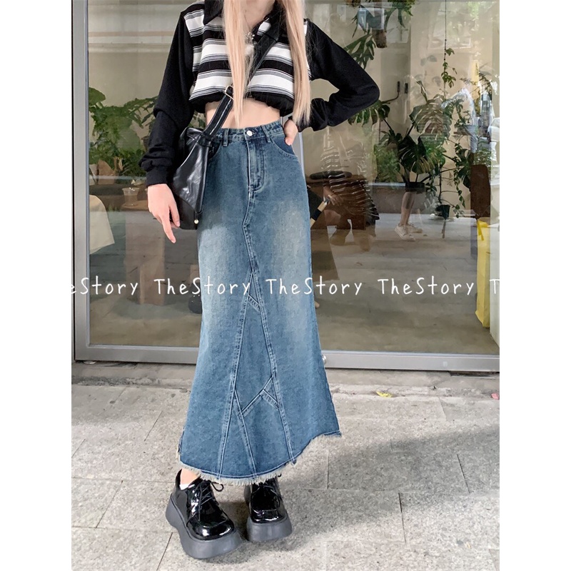 Chân váy jean dài có tua rua dưới gấu  CV354, CV356