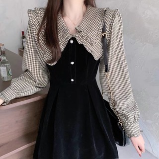 Váy đầm nhung đen cổ kẻ dài qua gối thu đông phong cách Hàn Quốc