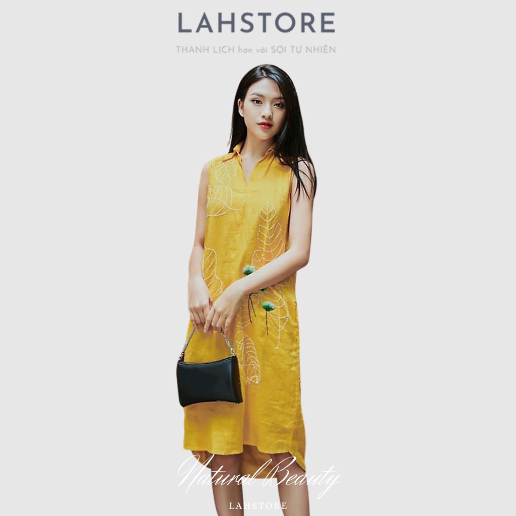Đầm suông linen trung niên tặng mẹ LAHSTORE vải linen tưng gân, sát nách cổ bẻ thêu hoa (Vàng)
