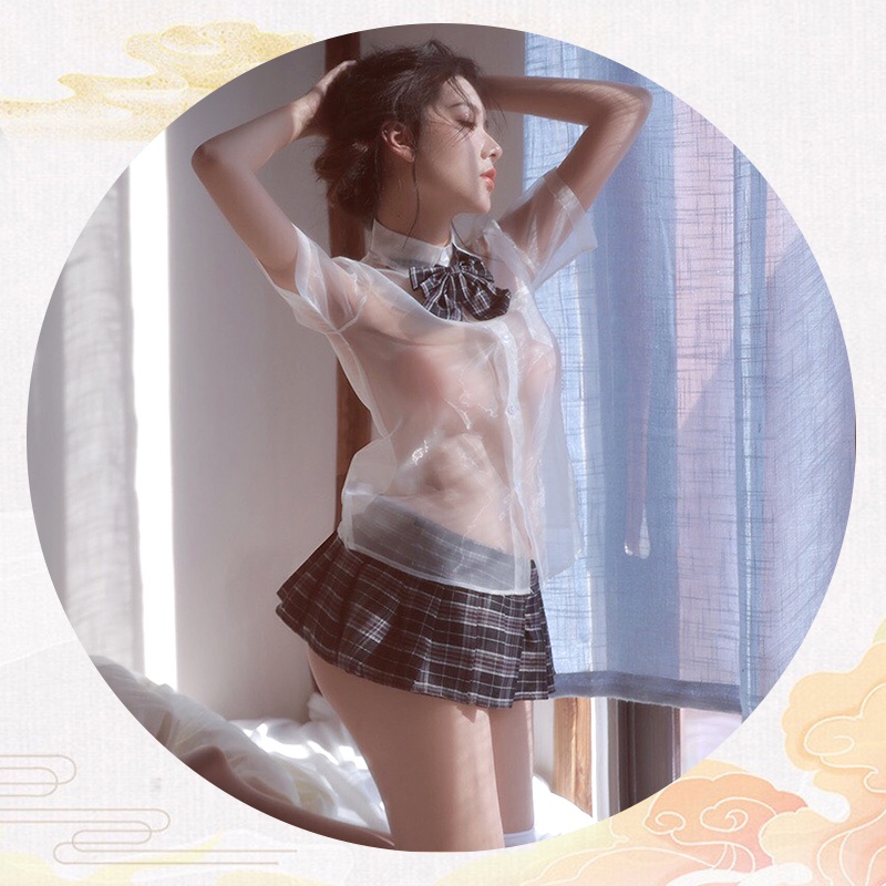 BT6226 Đồ ngủ sexy cosplay nữ sinh áo sơ mi xuyên thấu kèm chân váy caro cạp cao gợi cảm | BigBuy360 - bigbuy360.vn