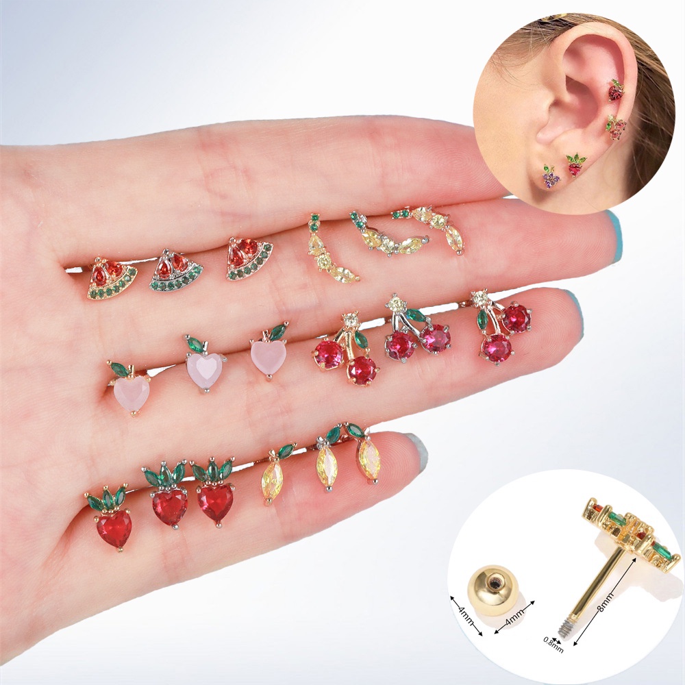 Bông Tai Đá zircon Nhiều Màu Không Phai Màu Hình Trái Cây Khóa Vặn