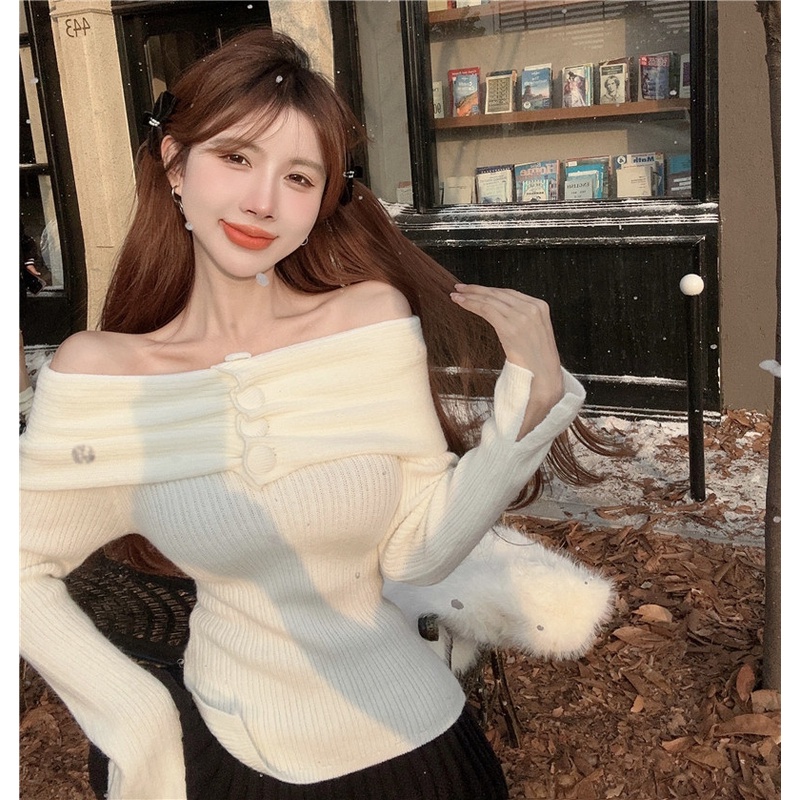 QADCOL Áo sweater Dệt Kim Một Mảnh Hở Vai Dáng Chữ a Màu Trơn Mùa Thu Đông Cho Nữ