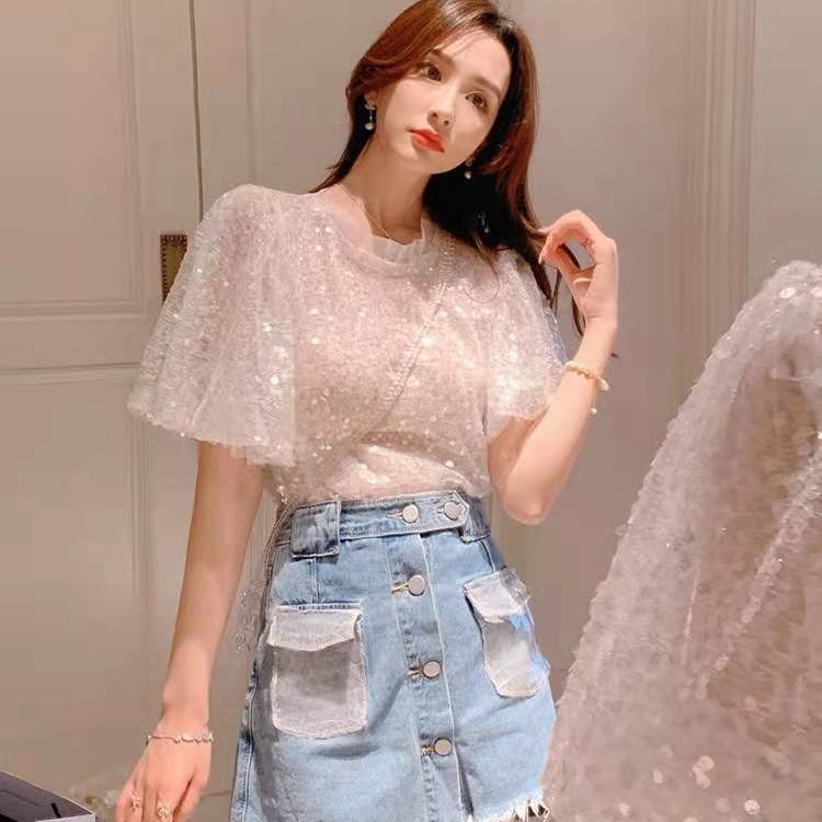 Áo Thun Tay Ngắn Phối Lưới Đính Kim Sa Thoải Mái Phong Cách Hàn Quốc 2021 chic T 2021 T 12.6