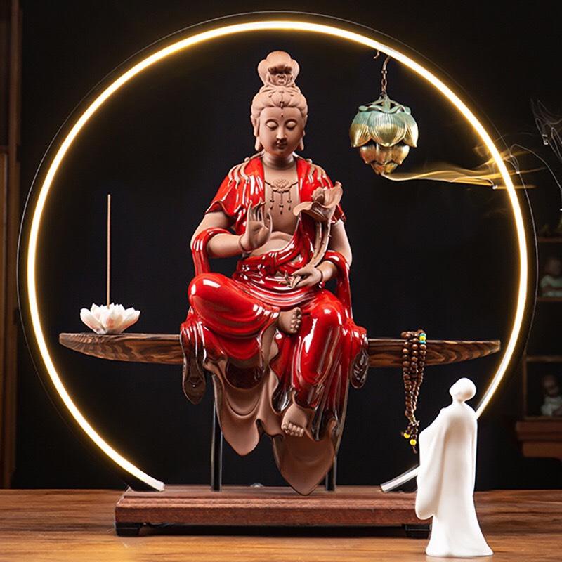 Tượng gốm Quan Âm và kệ đèn led trang trí decor nhà cửa không gian thiền tịnh giúp tâm thư thái an yên