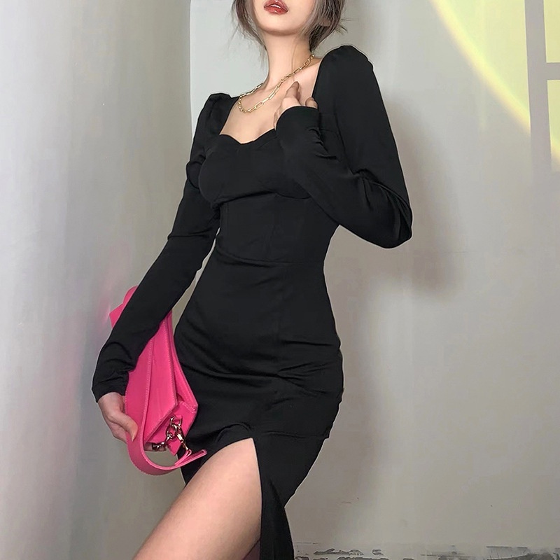 PunkyRabbit Đầm Tay Dài Xẻ Bên Cổ Vuông Thanh Lịch Bằng Sợi Polyester Ôm Body Cho Tiệc Cocktail