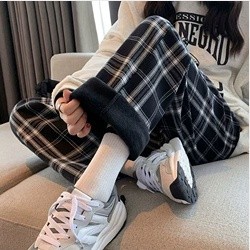 Quần Thể Thao Lót Lông Cừu Dày Giữ Ấm Mùa Đông Co Giãn Họa Tiết Kẻ Ô Vintage Hàn Quốc Cho Nữ