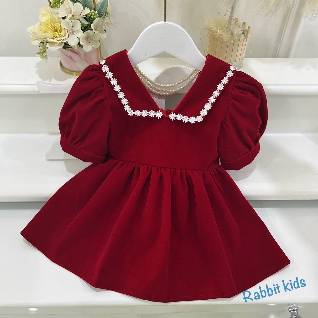 Váy Bé Gái Size Đại 8-40kg💝FREESHIP💝 Rabbit Kids-Đầm Nhung Đỏ Chuỗi Ngọc Trẻ Em 1,2,3,4,5,6,7,8,9,10 tuổi