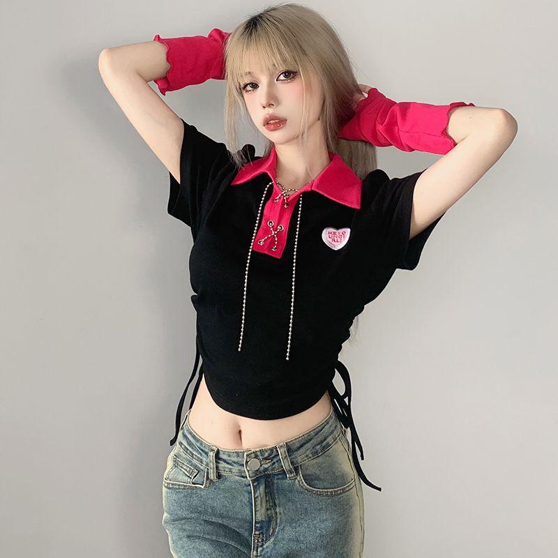 Áo polo Ngắn Tay Ôm Dáng Phối Dây Rút Thời Trang Hàn Quốc Cho Nữ