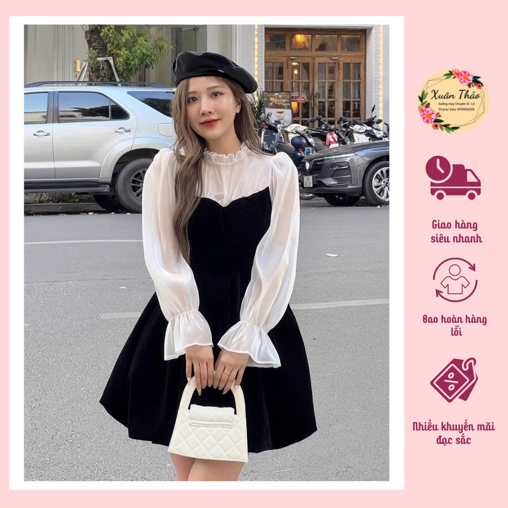 Đầm Váy Nhung Đen Phối Cổ Bèo Tiểu Thư,Váy Nhung Phối Tay Tơ Óng Thiết Kế Dự Tiệc Sanh Chảnh, Mã Số A186