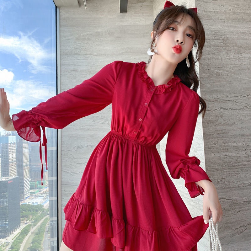 Đầm Voan Dài Tay Phối Bèo Thời Trang Retro Pháp Dành Cho Nữ