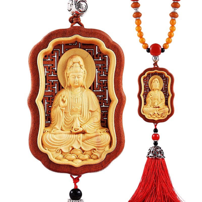 Dây treo trang trí ô tô bằng gỗ hoàng dương, hình Quan Âm Bồ Tát 3