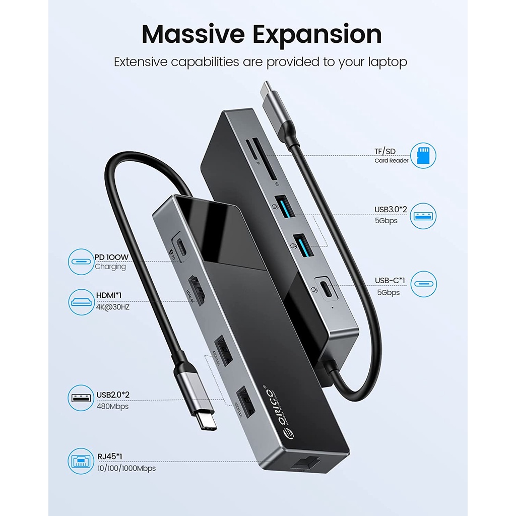 Bộ chia cổng USB C Hub ORICO 10 trong 1 với Ethernet PD 100W/HDMI 4K @ 30Hz/USB-A3.0/USB-C3.0/SD/TF cho Dell/Surface/HP