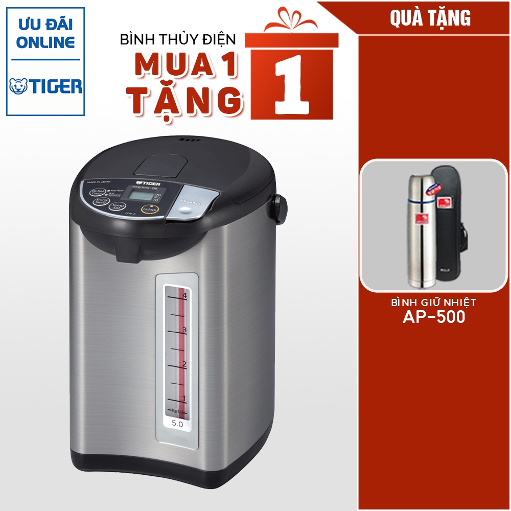 MUA 1 TẶNG 1 Bình thủy điện tử Tiger PDU-A50W (5.0L) TẶNG 1 BÌNH GIỮ NHIỆT APOLLO AP-500