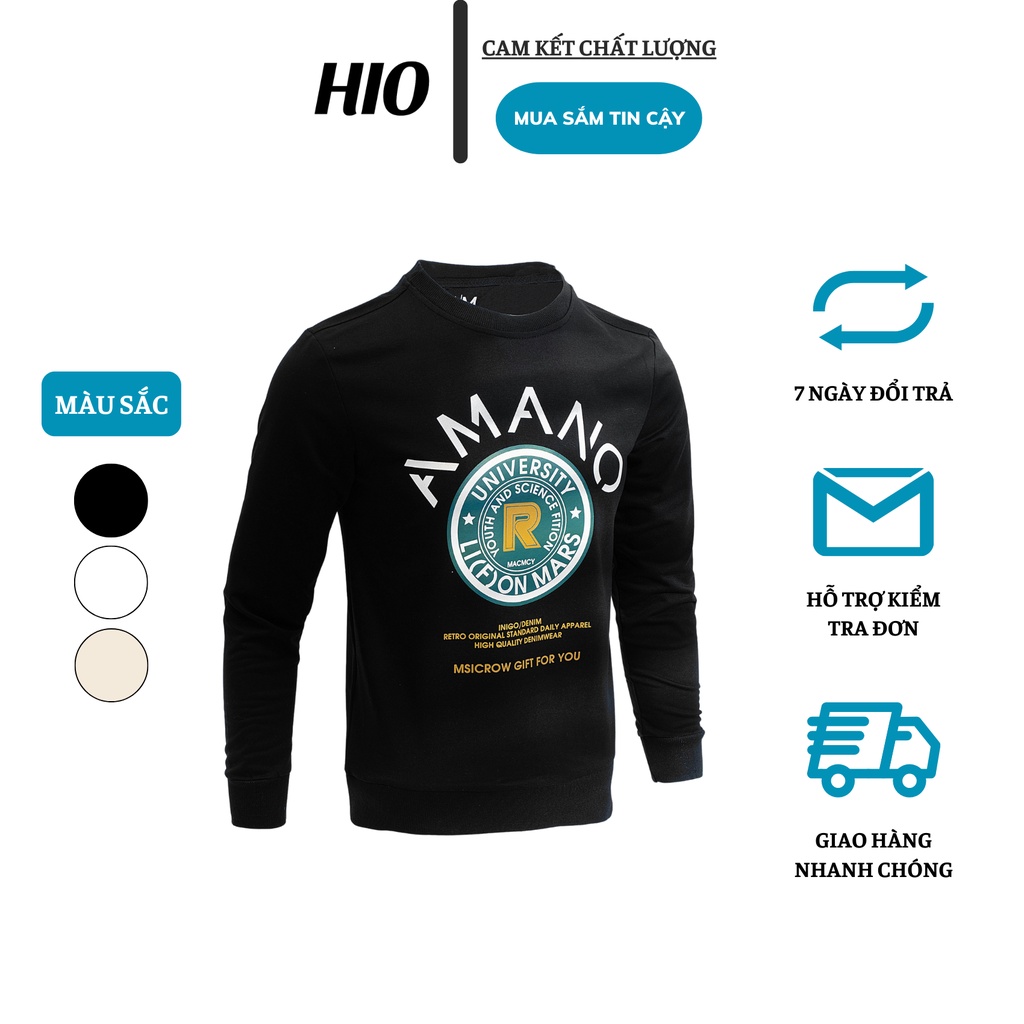 Áo nỉ dài tay AMANO Trắng/ Đen/ Be form regular in họa tiết AN-01