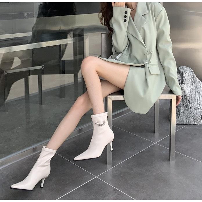 [Có sẵn] MÃ 1128-6 BỐT NỮ CỔ NGẮN PHỐI XÍCH CHẤT DA LỲ MỀM GÓT NHỌN CAO 6P CAO CẤP FULLBOX