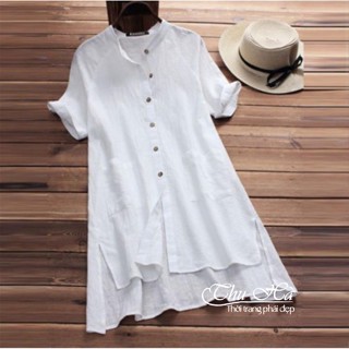 Váy sơ mi dáng dài Thu Hà áo váy form rộng bigsize giấu quần che khuyết điểm chất liệu đũi mềm mát SMH.35